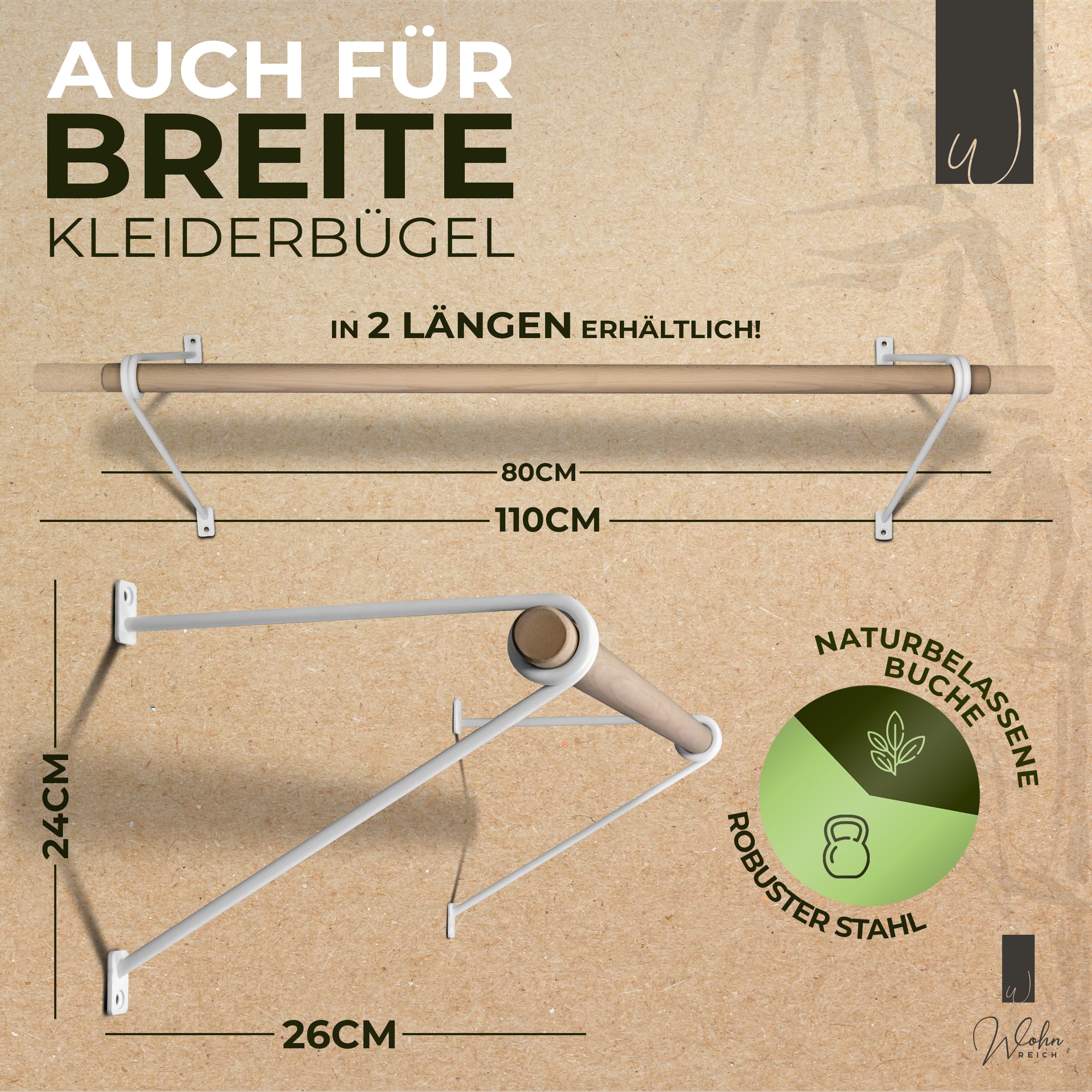 Wohnreich® Wall Mounted Clothes Rail [Various Lengths] Made of German Beech, Wall Coat Rack Wood & Metal, Clothes Rack & Coat Rail