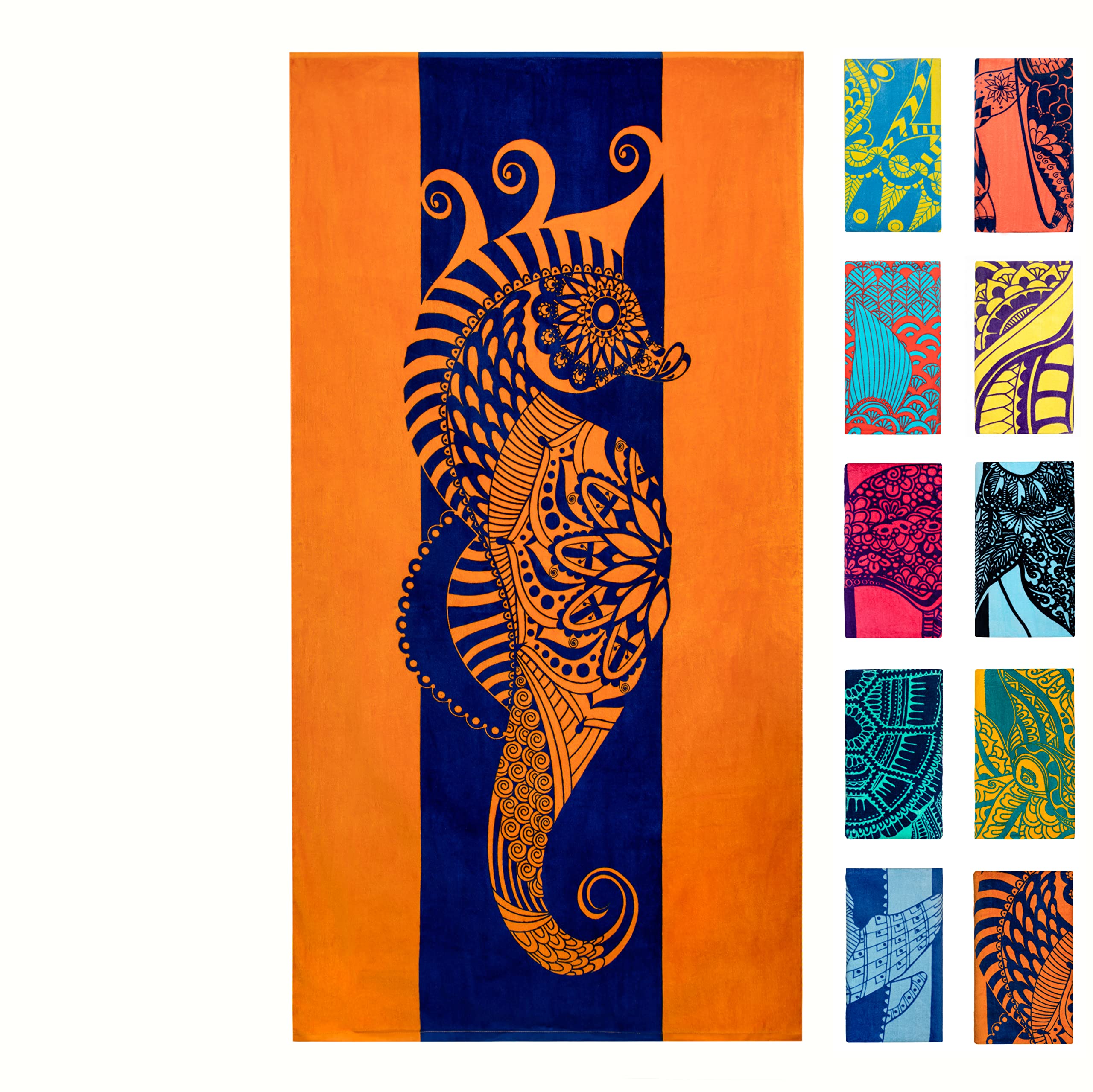 Nova Blue Seahorse Beach Towel – Blue and Orange with A Tropical Design, Extra Large, XL (34”x 63”) Vibrant, Bright
