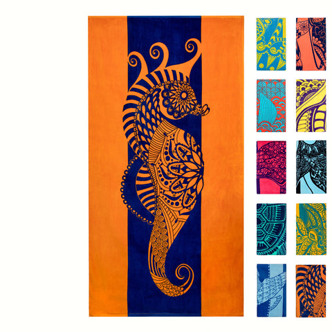 Nova Blue Seahorse Beach Towel – Blue and Orange with A Tropical Design, Extra Large, XL (34”x 63”) Vibrant, Bright