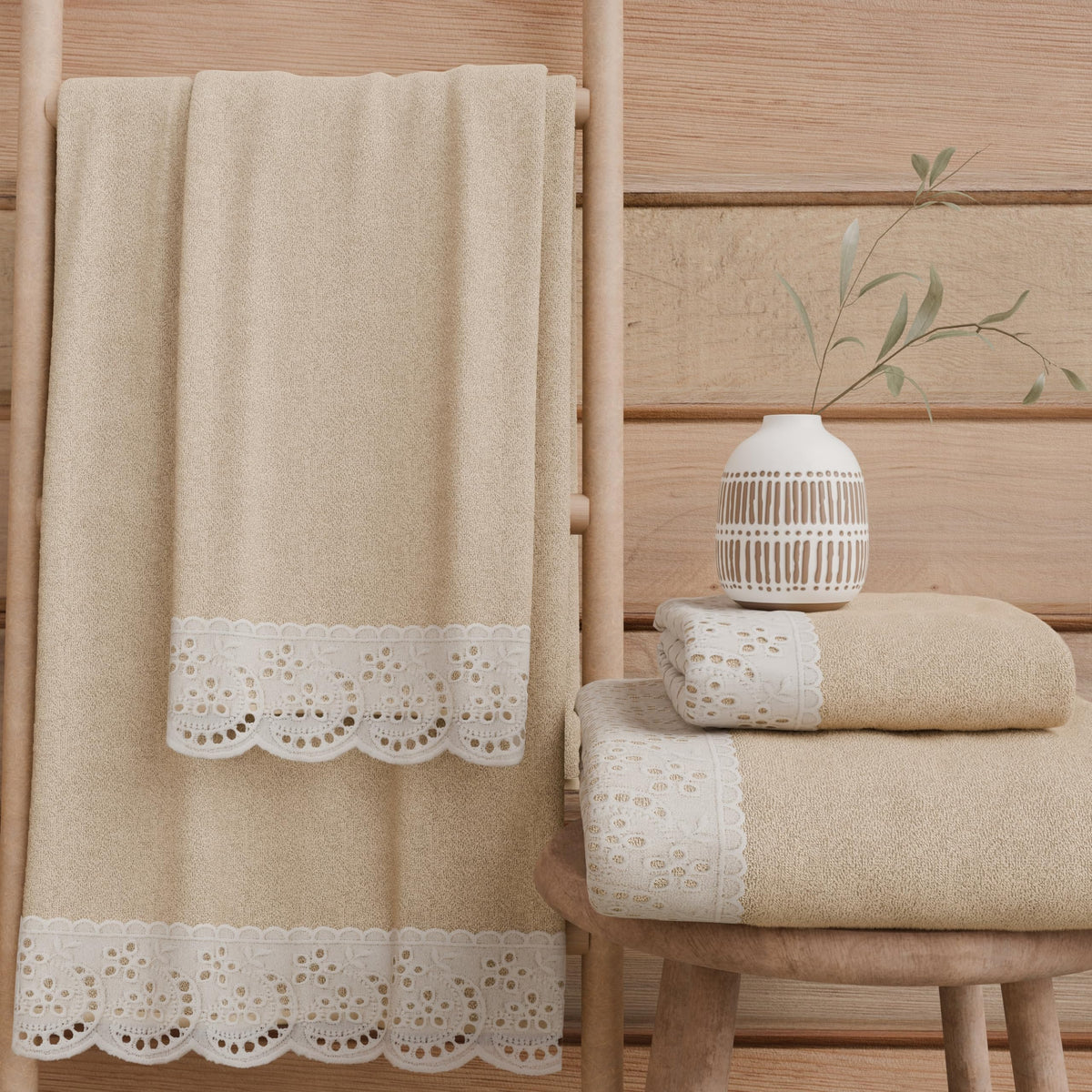 PETTI Artigiani Italiani - 100% Cotton Terry Bath Towels, 1+1 Towel Set, 2 Pieces, 1 Face Towel and 1 Hand Towel, Beige