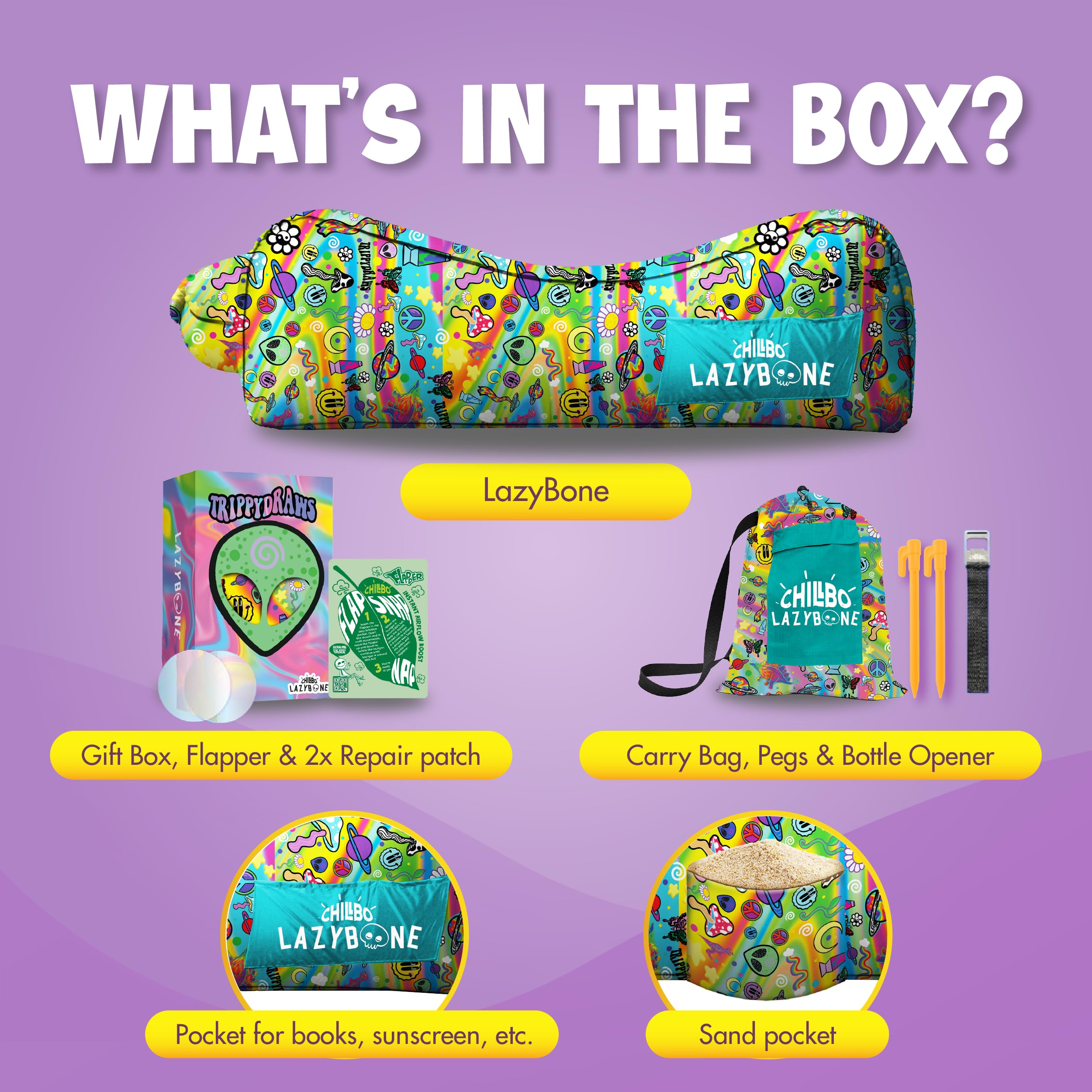 Chillbo x TrippyDraws Lazybone Inflatable Couch - Ultimate Inflatable Lounger for Maximum Chill - The Perfect Blow Up Couch for Music Festivals