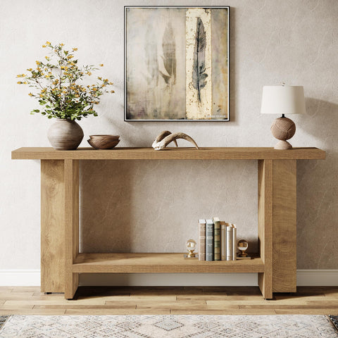 Tribesigns 150 cm Console Table, Light Wooden Hallway Table with 2-Tiers, Behind Couch Sofa Table for Entryway & Living Room