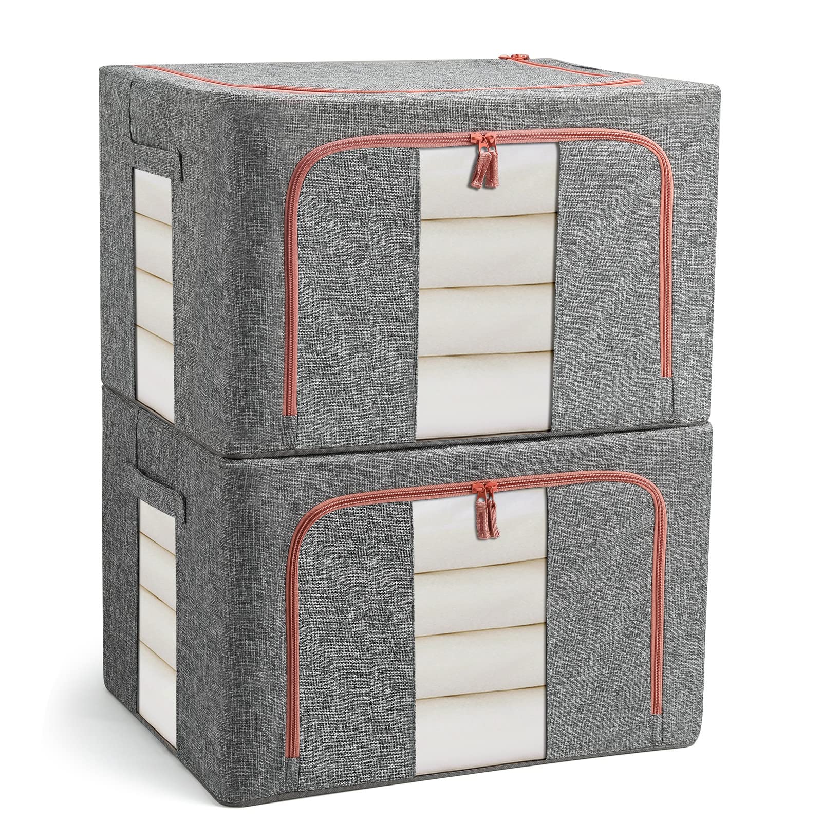 FUSACONY Closet Organizers and Storage, Foldable Oxford Cloth Steel Frame Box,2 Pack,Clear Window & Carry Handles, Waterproof