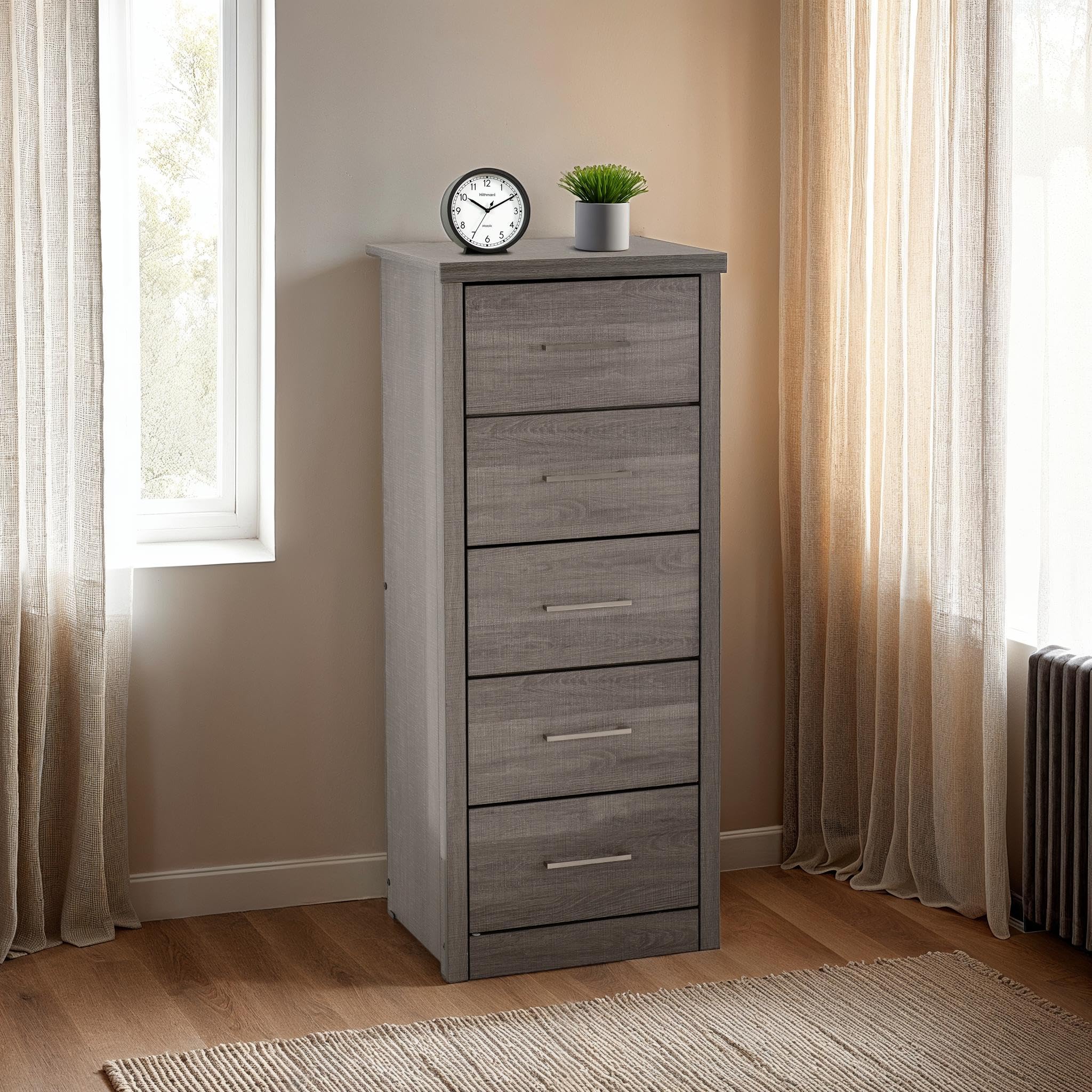 Seconique Lisbon 5 Drawer Narrow Chest in Black Wood Grain