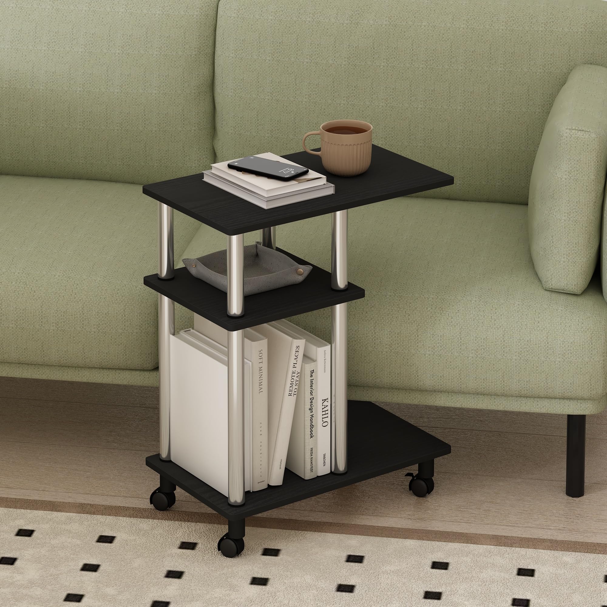 Furinno TOMI Side Table, 3-Tier C-Shape Open Shelf End Table with Wheels, Night Stand, Bedside Table, Toolless Assembly, for Living Room, Bedroom