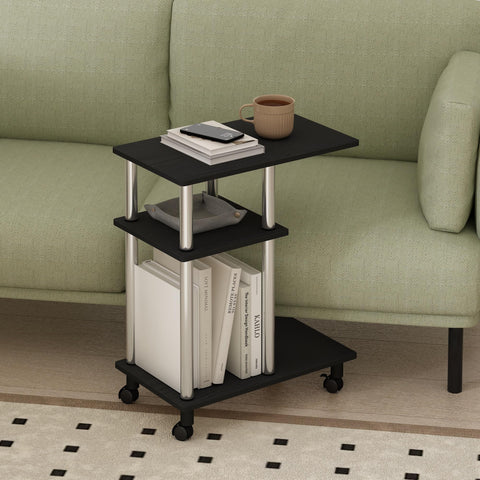 Furinno TOMI Side Table, 3-Tier C-Shape Open Shelf End Table with Wheels, Night Stand, Bedside Table, Toolless Assembly, for Living Room, Bedroom
