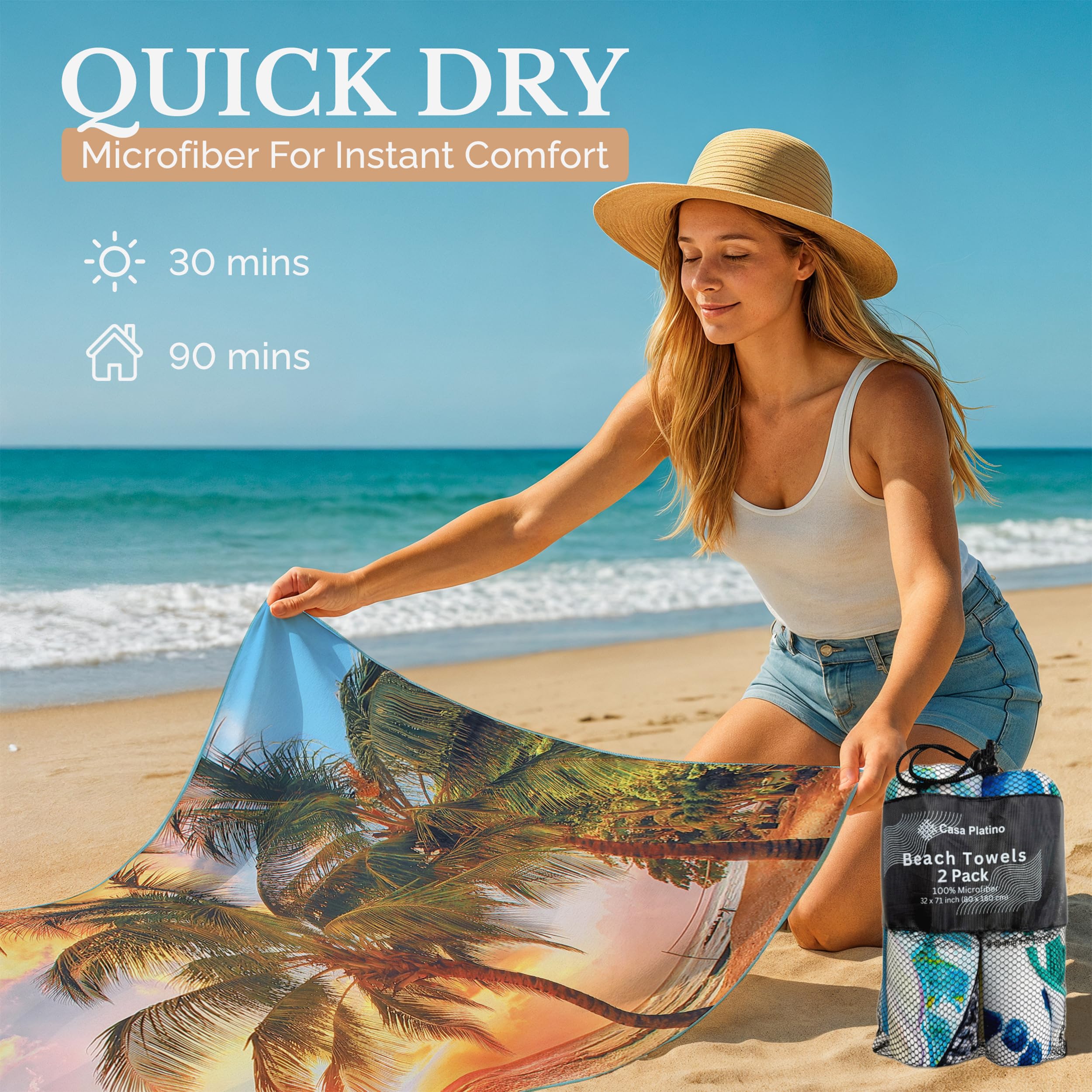 Casa Platino 2-Pack Microfiber Beach Towels – Extra Large 71"x32" Lightweight, Sand-Free, Quick-Dry – Travel, Swim, Pool, Yoga