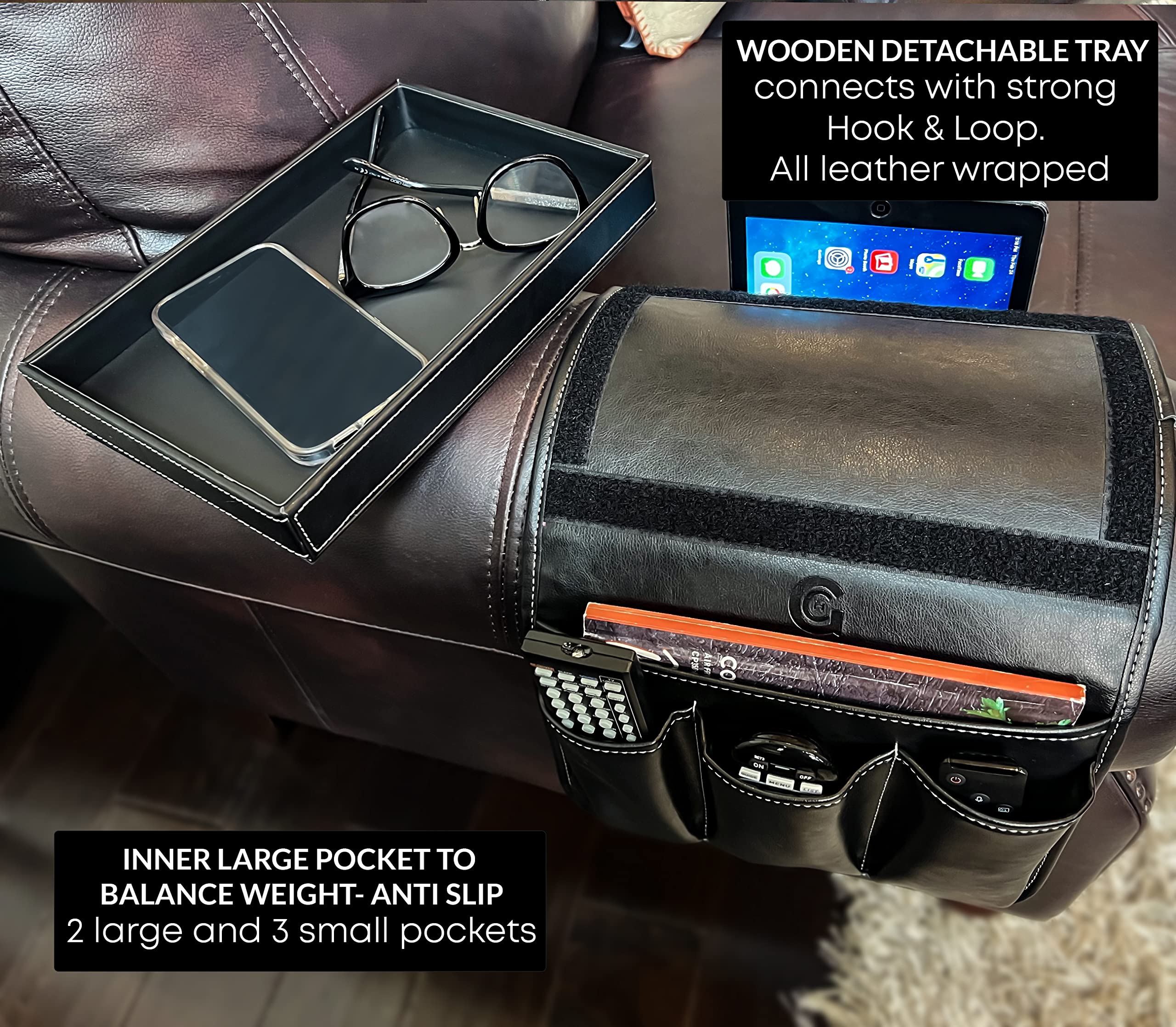 GLOCHYRA Armchair Caddy Remote holder for Recliners Armrest Organizer PU Leather - 5 Pockets Chair Caddy for phone