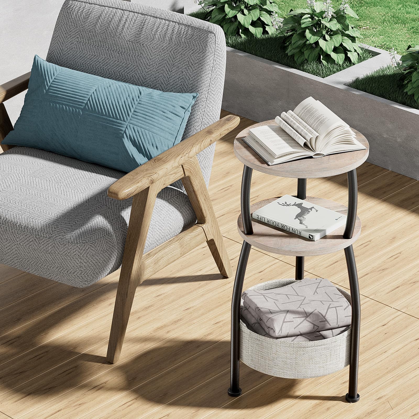 Yuede Round Side Table, 3 Tier Bedside Table, Small End Table with Fabric Basket, Coffee Table for Living Room, Bed Room, Small Space, Easy Assembly
