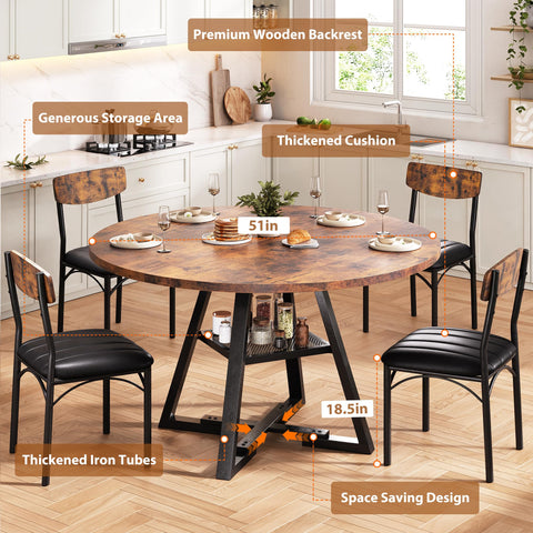 Jocoevol Round Dining Table and 4 Chairs Set of 4-6, Circle Dinner Table with Shelves, Space Saving Wood Kitchen & Dining Room Furniture
