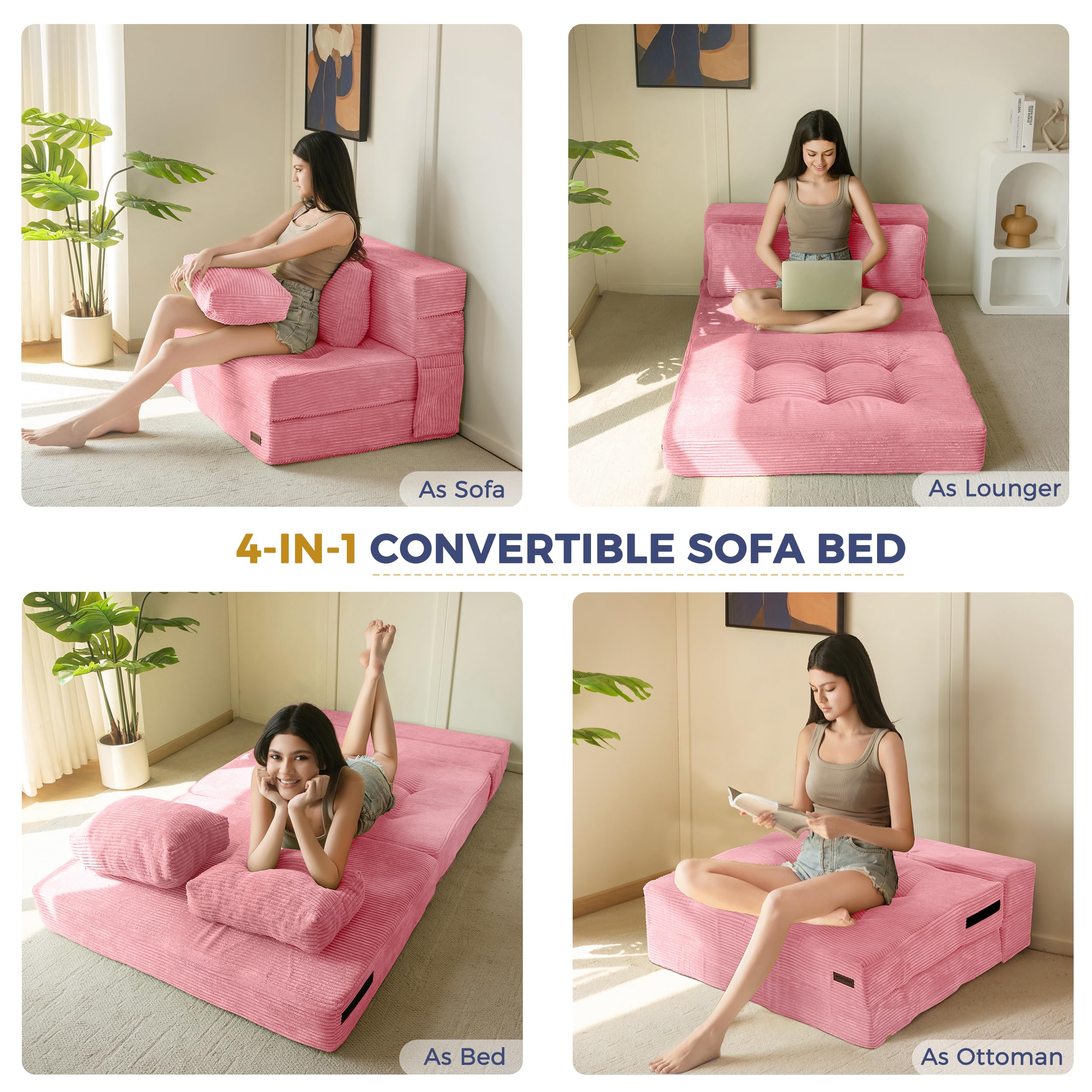 MAXYOYO Folding Foam Sofa Bed, Tri-Fold Mattress with 2 Pillows, Convertible Sofa Chair Futon Z Bed with 15cm Thincken Foam