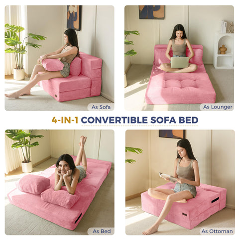 MAXYOYO Folding Foam Sofa Bed, Tri-Fold Mattress with 2 Pillows, Convertible Sofa Chair Futon Z Bed with 15cm Thincken Foam