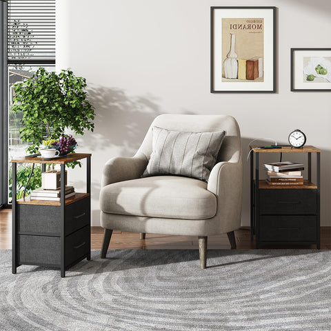 TUTOTAK Bedside Table with Charging Station, Side Table with 2 USB Ports and Outlets, Nightstand with Cloth Drawer, Set of 2, End Table