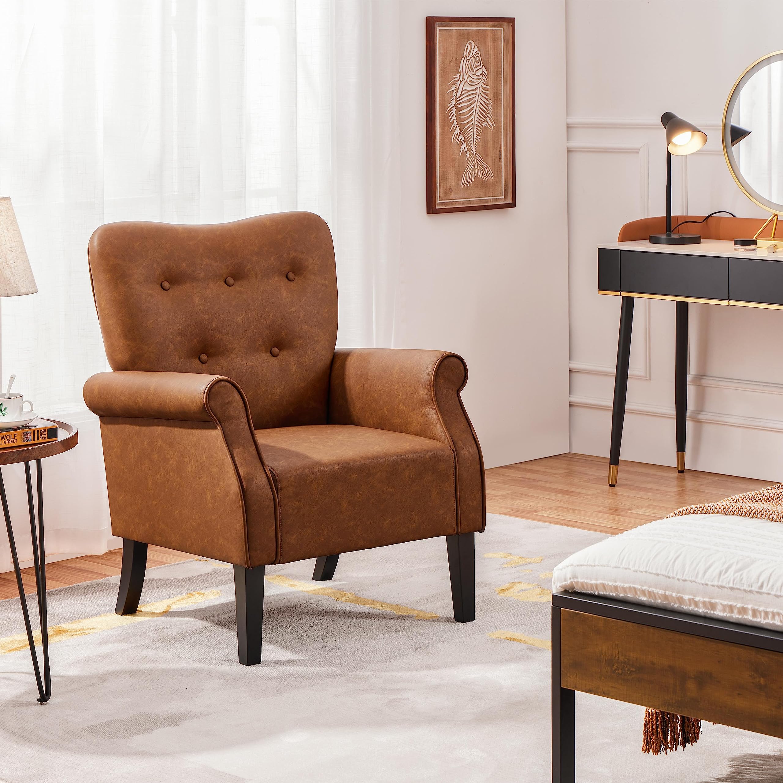 Yaheetech PU Leather Tub Chair with High Back for Living Room Retro Brown