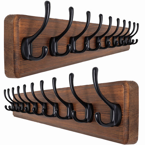 SKOLOO Farmhouse Style Wall Mounted Coat Rack, Pack of 2, Pine Solid Wood Coat Hook Hanger - 10 Hooks for Hanging Clothes Robes Towels Coats