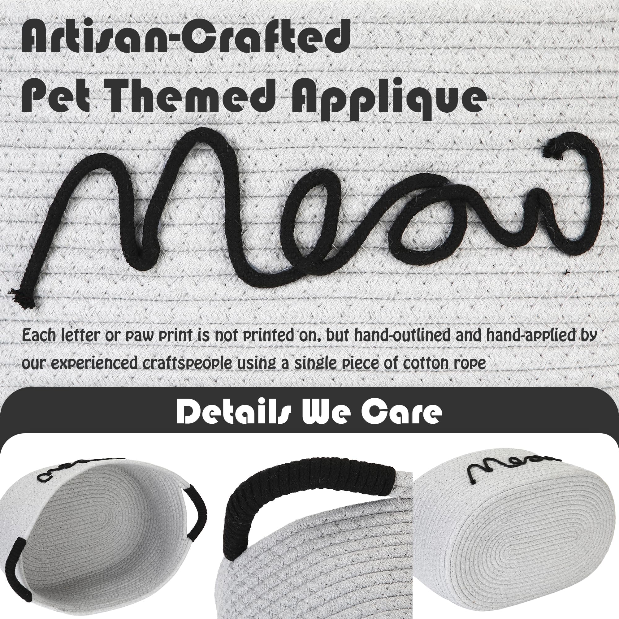 Sea Team Grey Cotton Rope Cat Toy Storage Basket Meow Print with Handles
