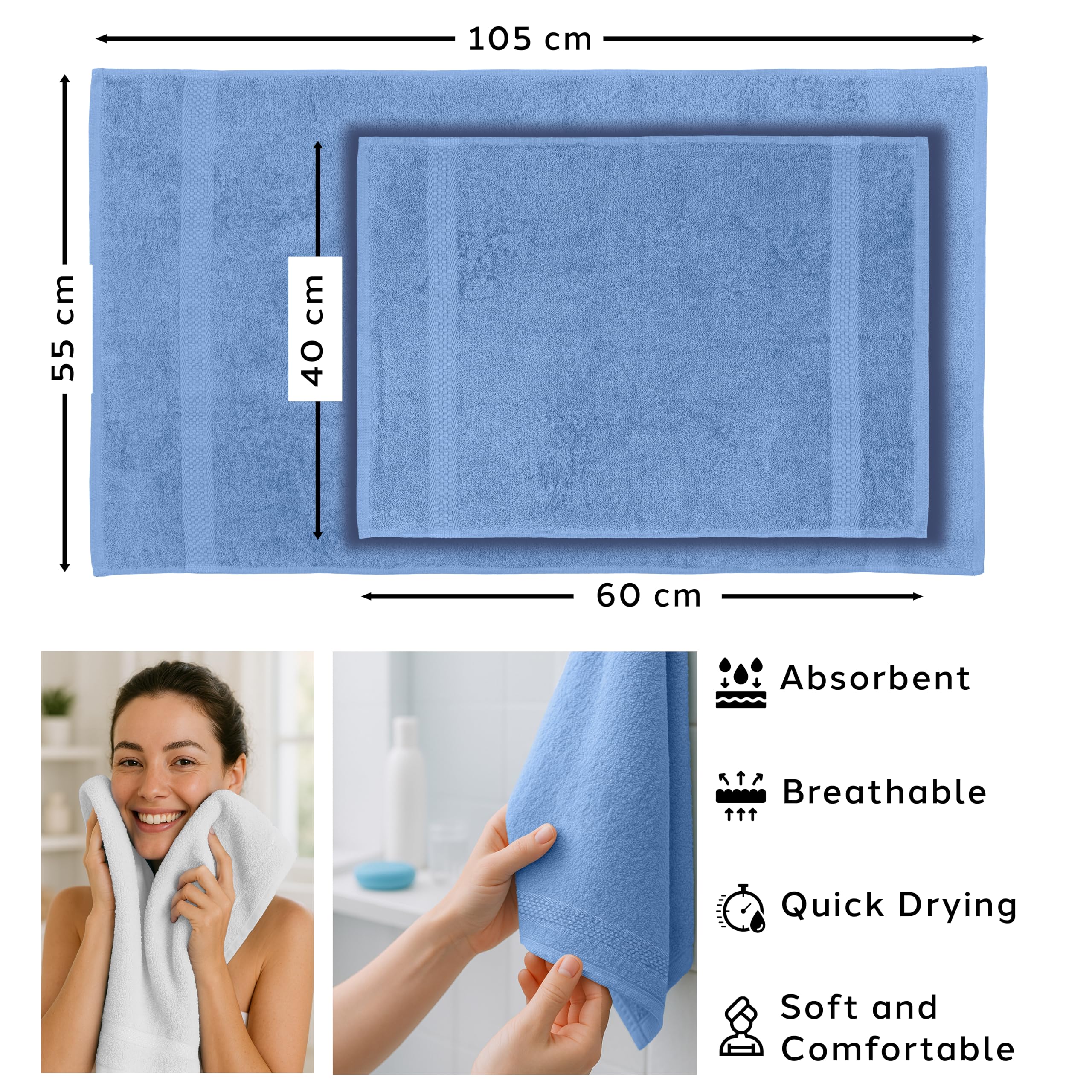 Caleffi Bath Towels, Face and Guest Towel Set, 55 x 100 cm, 100% Cotton