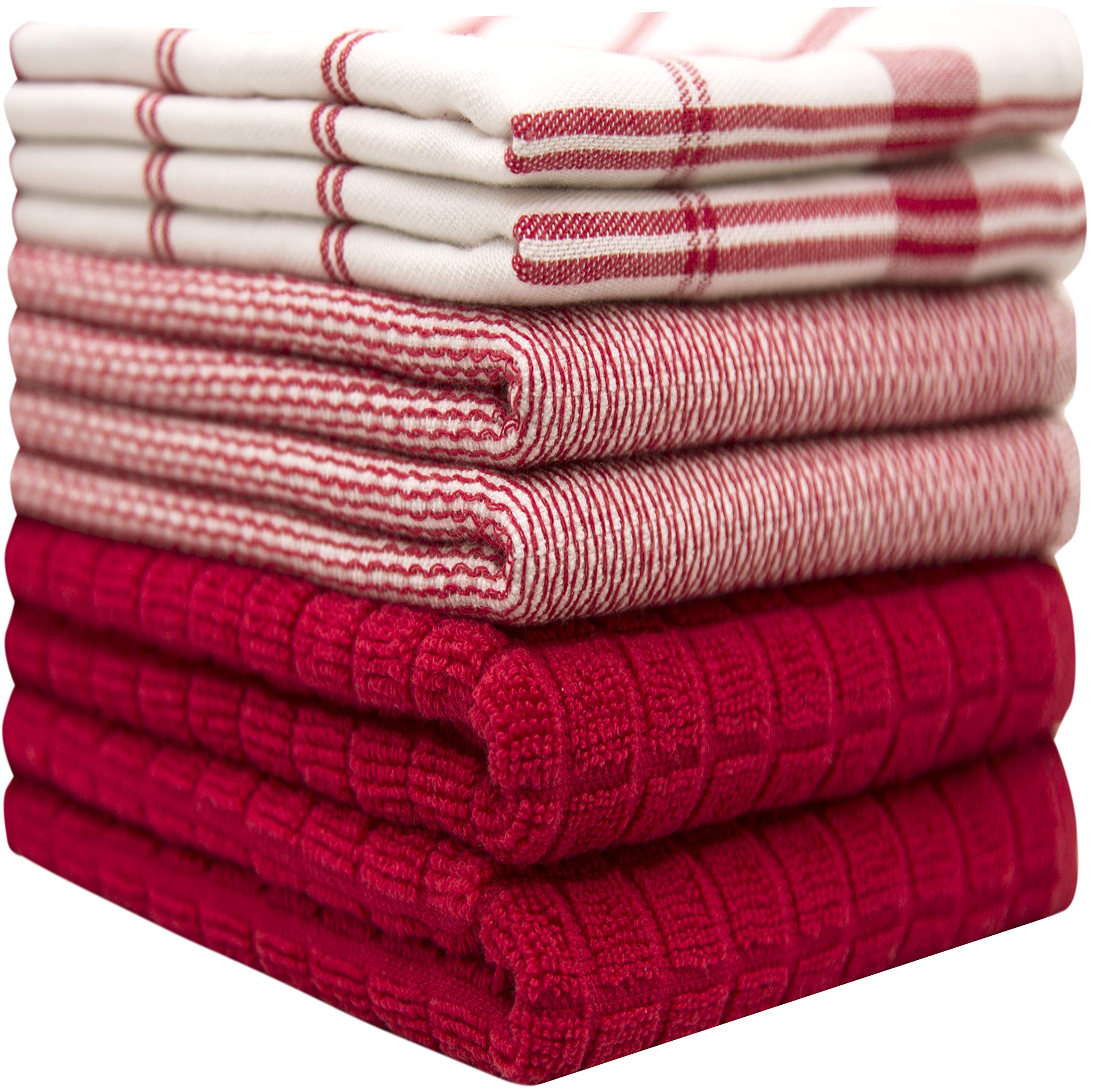 6 Pack Large Tea Towel Set | Absorbent Kitchen Hand Towels | Soft Cotton Dish Towels | Flat & Terry Towel with Hanging Loop | Vibrant Dyed - Red