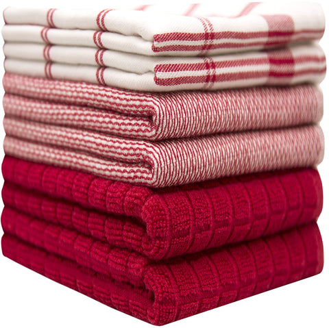 6 Pack Large Tea Towel Set | Absorbent Kitchen Hand Towels | Soft Cotton Dish Towels | Flat & Terry Towel with Hanging Loop | Vibrant Dyed - Red
