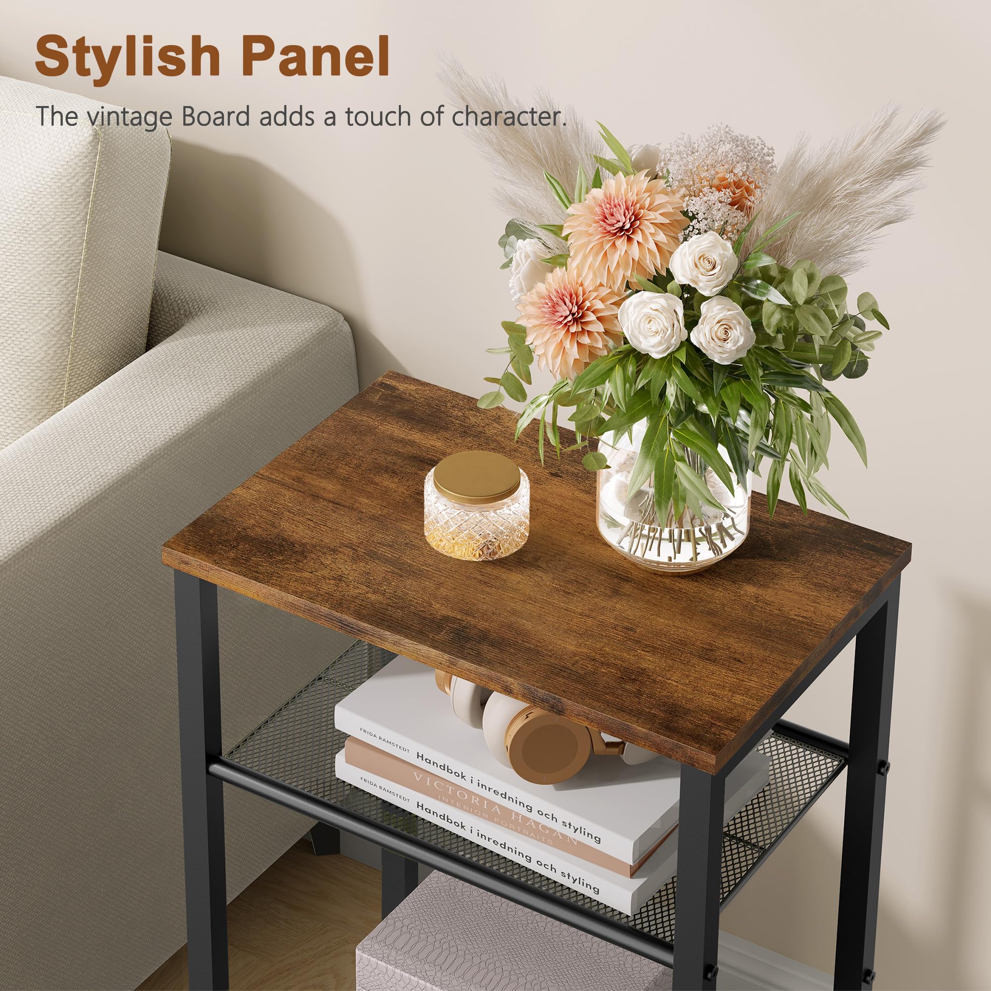 Hoctieon 2-Set 3 Tier End Table, Telephone Table Set of 2, Tall Side Table with Storage Set of 2, Small Nightstand for Small Spaces, Metal Frame