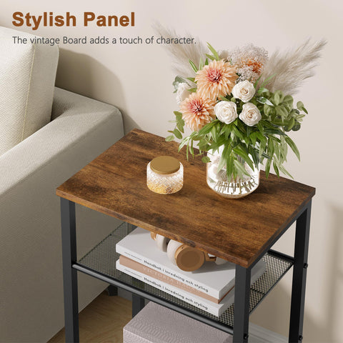 Hoctieon 2-Set 3 Tier End Table, Telephone Table Set of 2, Tall Side Table with Storage Set of 2, Small Nightstand for Small Spaces, Metal Frame