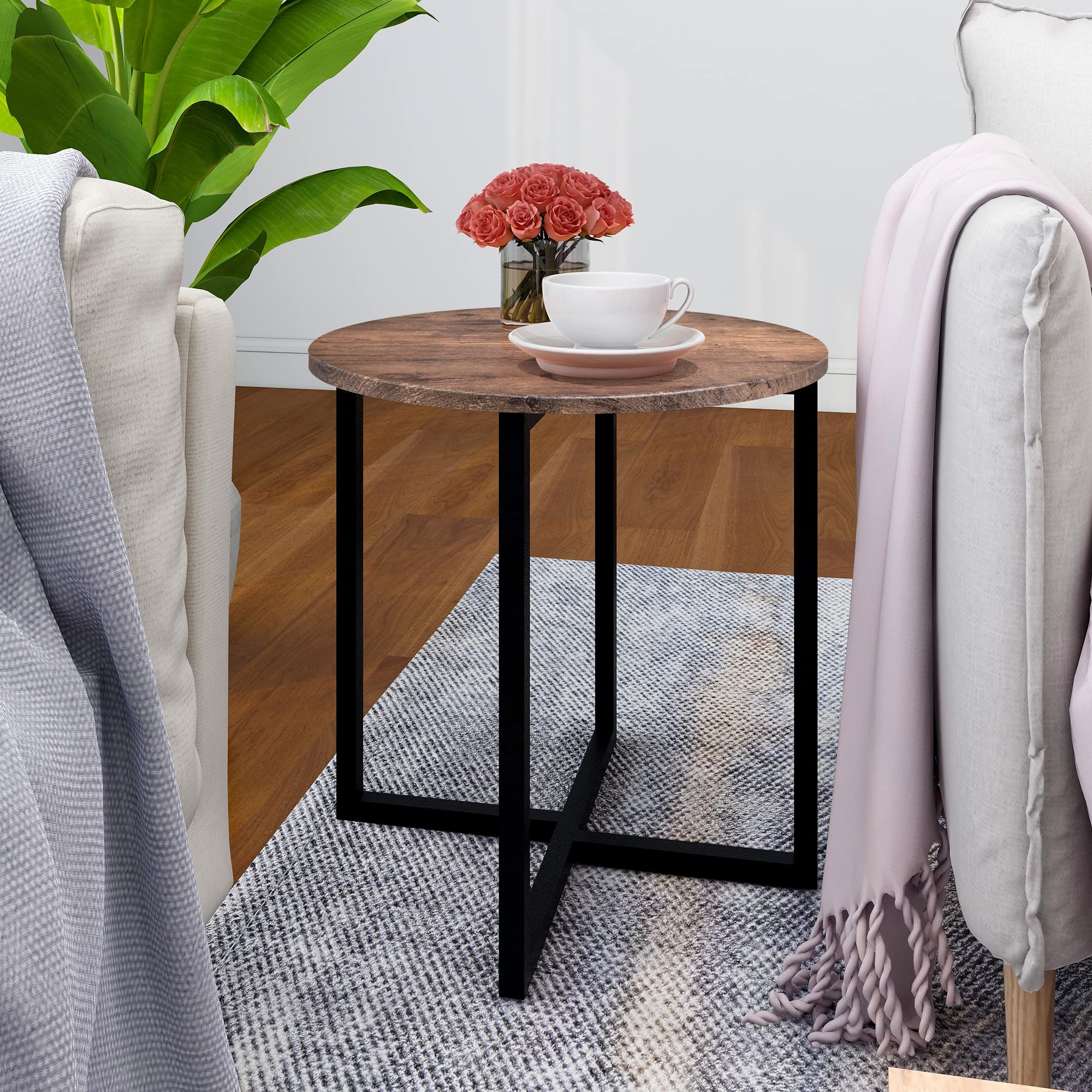 HOMERECOMMEND Round Side Table, End Table, Sofa Side Table,Coffee Table Rustic Nightstand Industrial Versatile End Table for Living Room,Brown