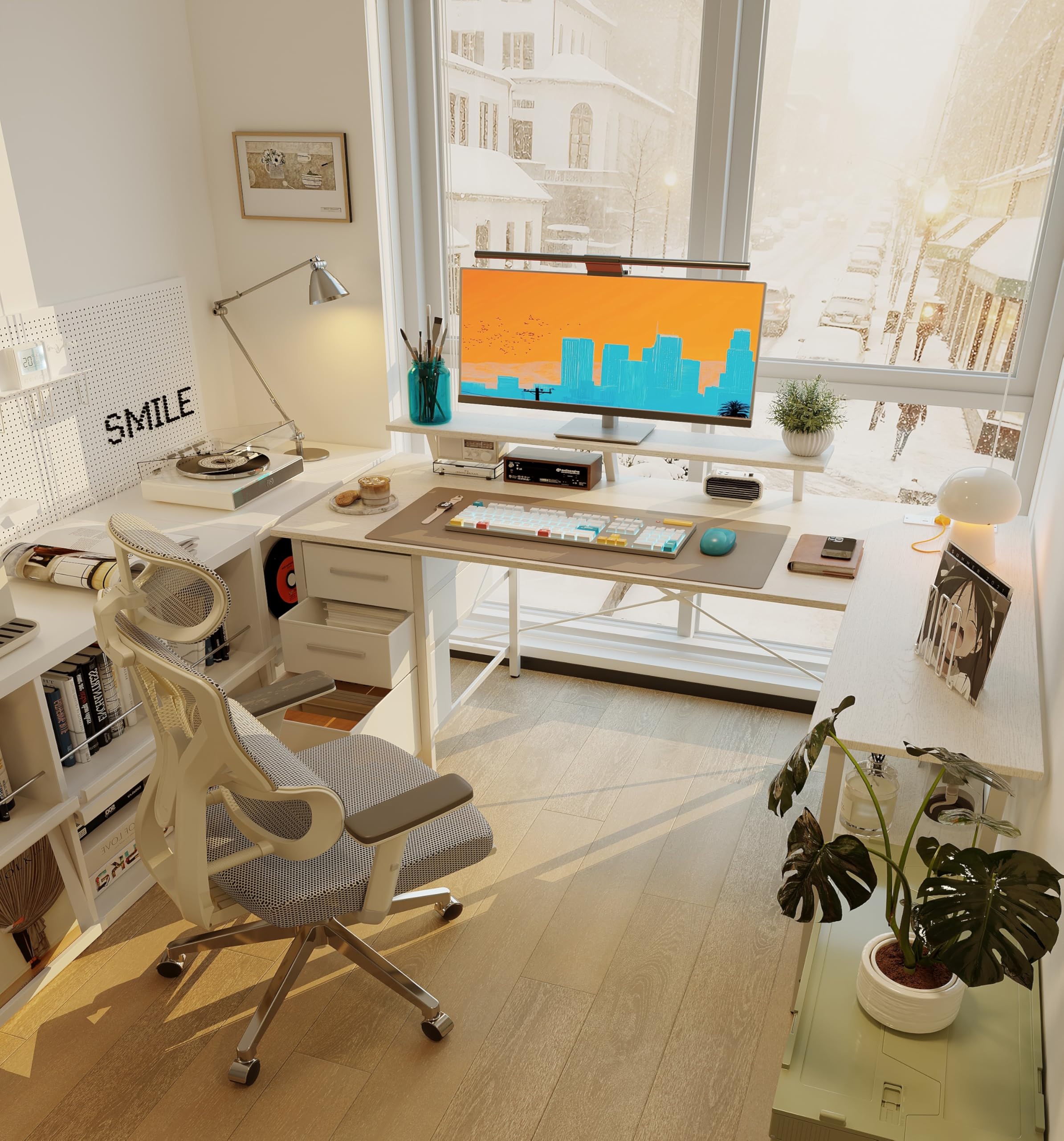 Xyphren Corner Computer Desk with Drawers, 120x80cm Reversible L Shaped Desk with Power Outlet, Home Office Desk with Monitor Stand and PC Stand