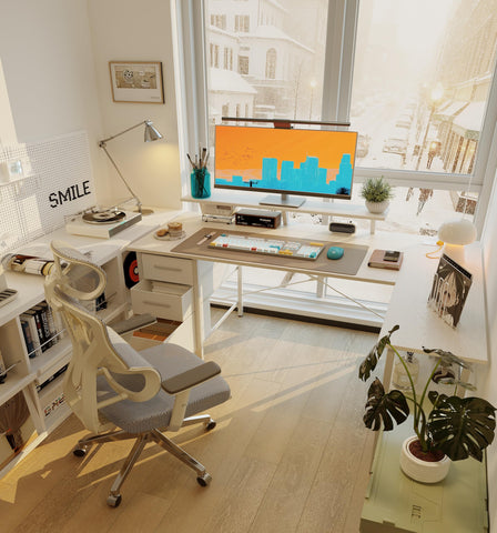 Xyphren Corner Computer Desk with Drawers, 120x80cm Reversible L Shaped Desk with Power Outlet, Home Office Desk with Monitor Stand and PC Stand