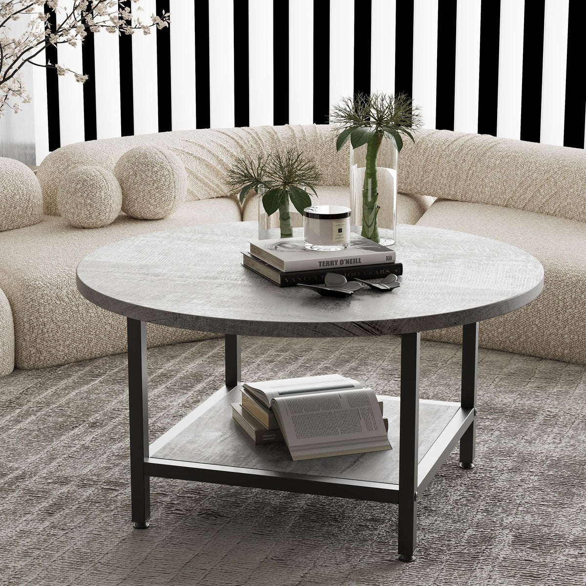 ARFARLY Round Coffee Table for Living Room,Side Table for Small Space, Grey