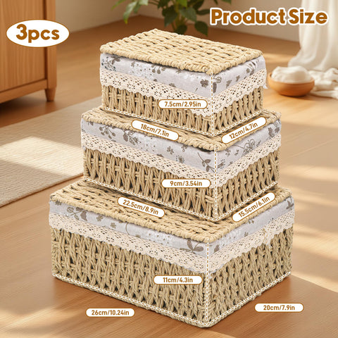 3pcs Woven Storage Baskets with Lids, Decorative Storage Boxes, Space-Saving Wicker Basket for Shelves, Paper Rope Basket Bedroom Storage Solutions
