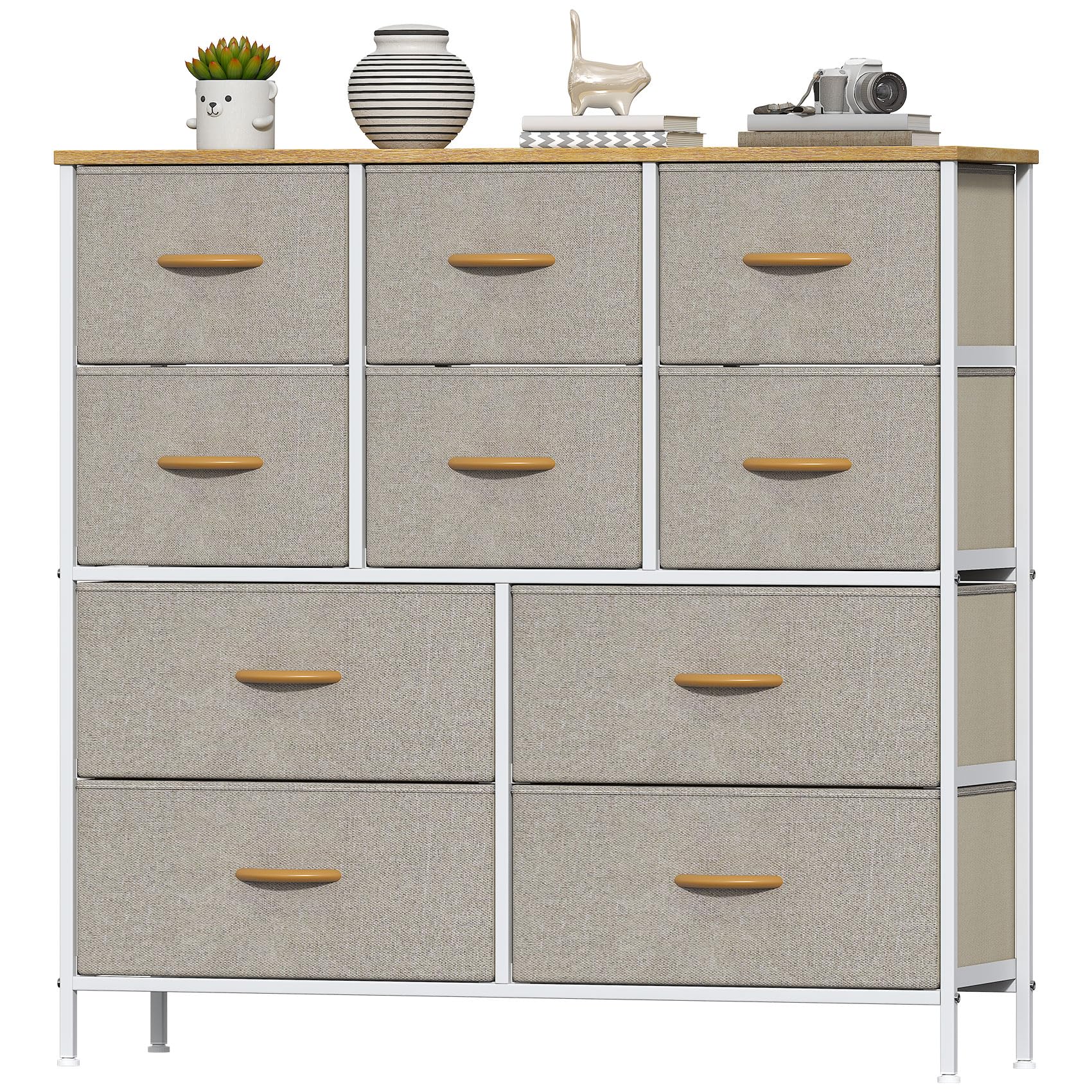 Feonase Chest of Drawers, Bedroom Tall Dresser with 10 Fabric Drawers, Metal Frame & MDF Wood Top, Adjustable Feet