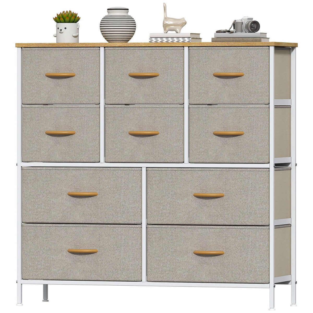 Feonase Chest of Drawers, Bedroom Tall Dresser with 10 Fabric Drawers, Metal Frame & MDF Wood Top, Adjustable Feet