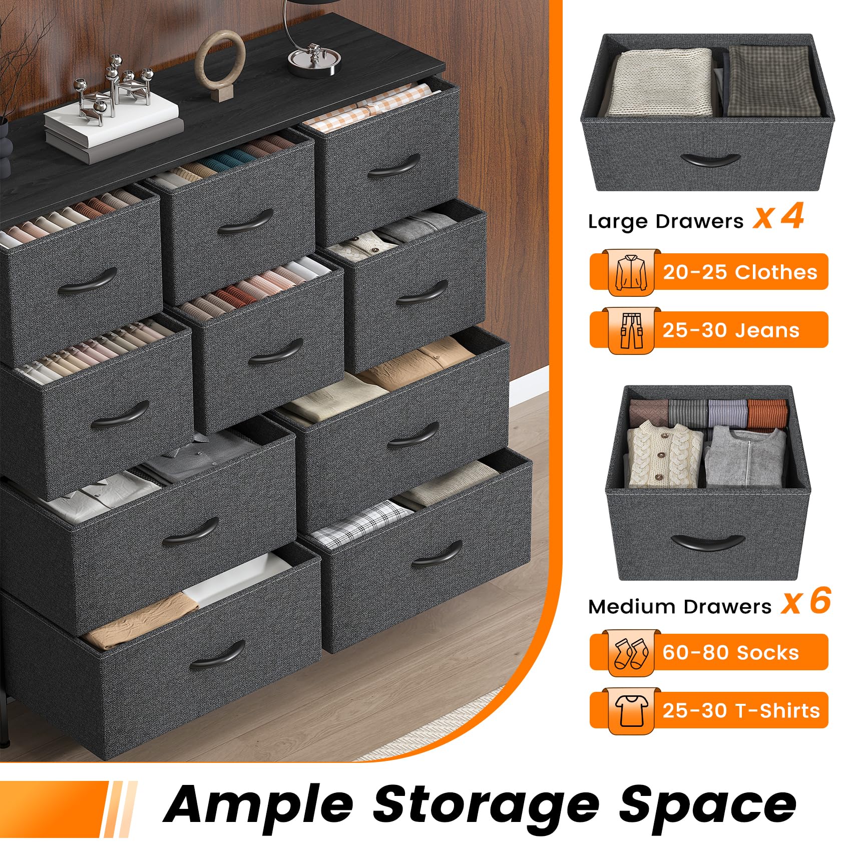Feonase Chest of Drawers, Bedroom Tall Dresser with 10 Fabric Drawers, Metal Frame & MDF Wood Top, Adjustable Feet