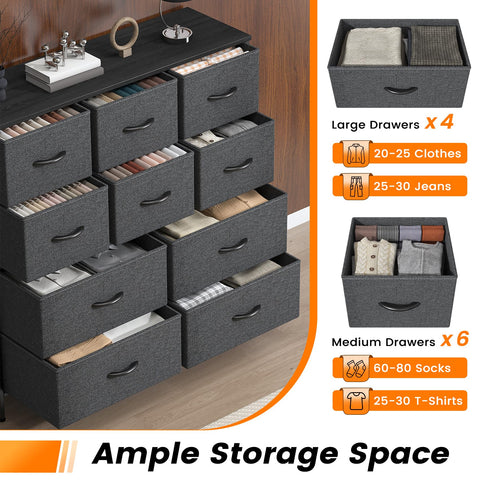 Feonase Chest of Drawers, Bedroom Tall Dresser with 10 Fabric Drawers, Metal Frame & MDF Wood Top, Adjustable Feet