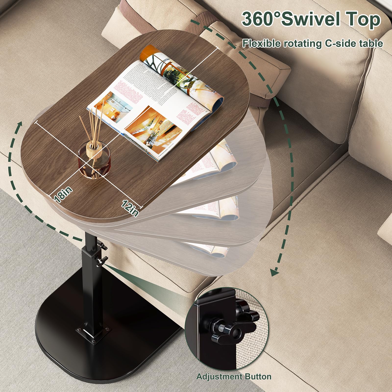 C Shaped Side Table Adjustable Height, 360°Swivel Sofa Side Table That Slide Under, Small Coffee End Table for Couch and Bedside