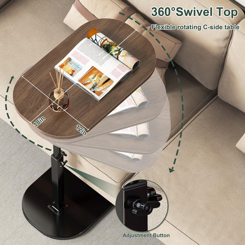C Shaped Side Table Adjustable Height, 360°Swivel Sofa Side Table That Slide Under, Small Coffee End Table for Couch and Bedside
