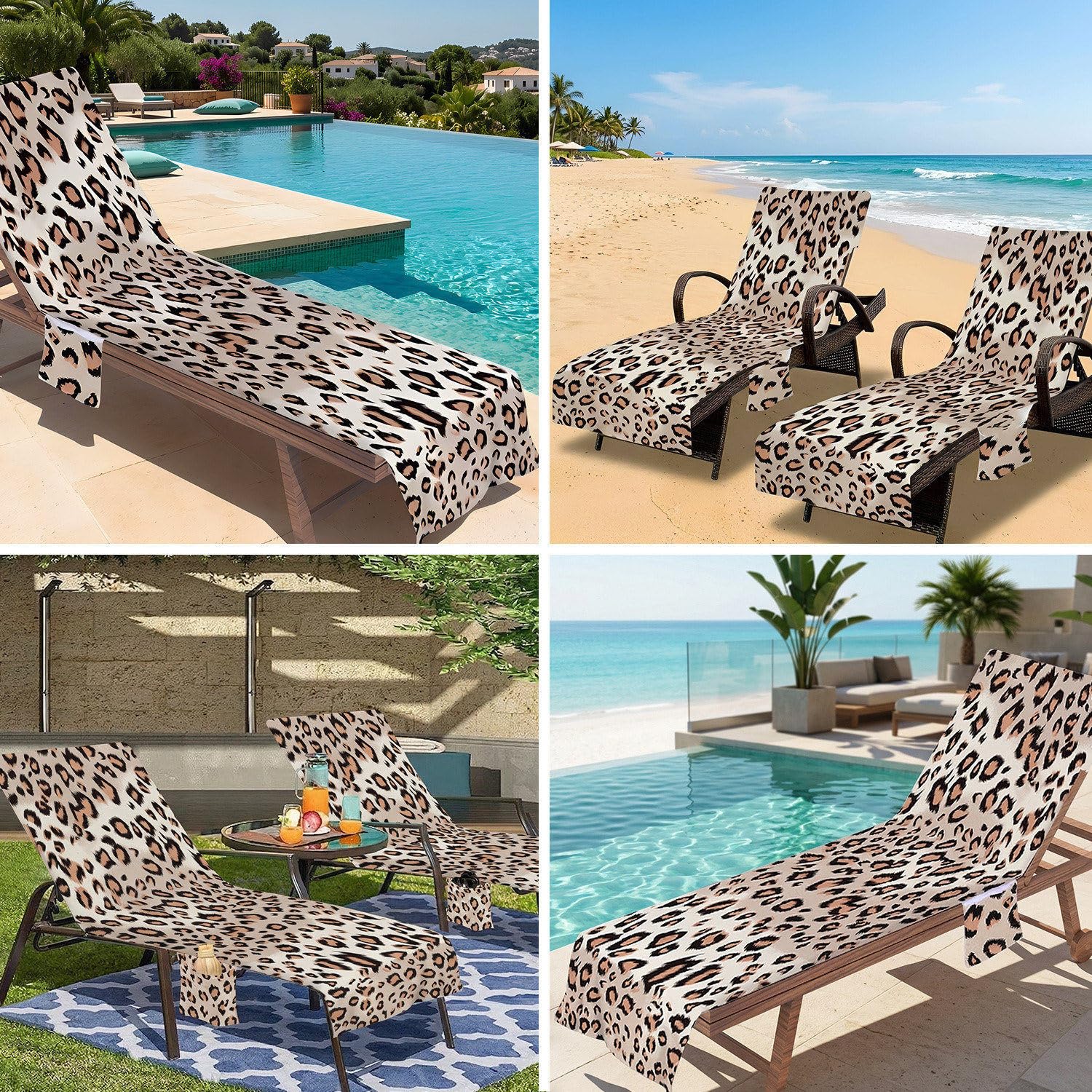 Surwin Sun Lounger Towel with Pockets, Leopard Print Beach Towel Chair Cover Sunbed Towels Lounger Bag for Summer Holiday Outdoor Garden Pool