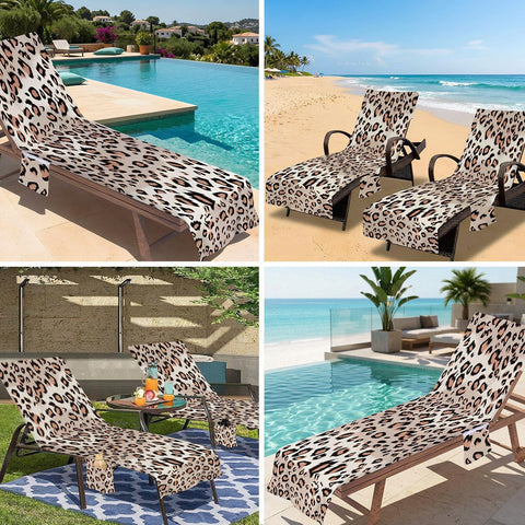 Surwin Sun Lounger Towel with Pockets, Leopard Print Beach Towel Chair Cover Sunbed Towels Lounger Bag for Summer Holiday Outdoor Garden Pool