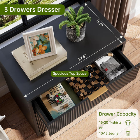 Chest of Drawers, Fluted Dresser for Bedroom with 3 Drawers, Metal Legs & Handles