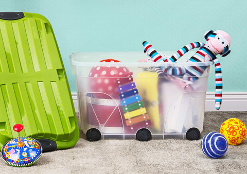 Rotho Roller 6 Set of 2 storage boxes 57 l with lid, Plastic (PP) BPA-free, Transparent/Green, 2 x 57 l (60,0 x 40,0 x 37,0 cm)