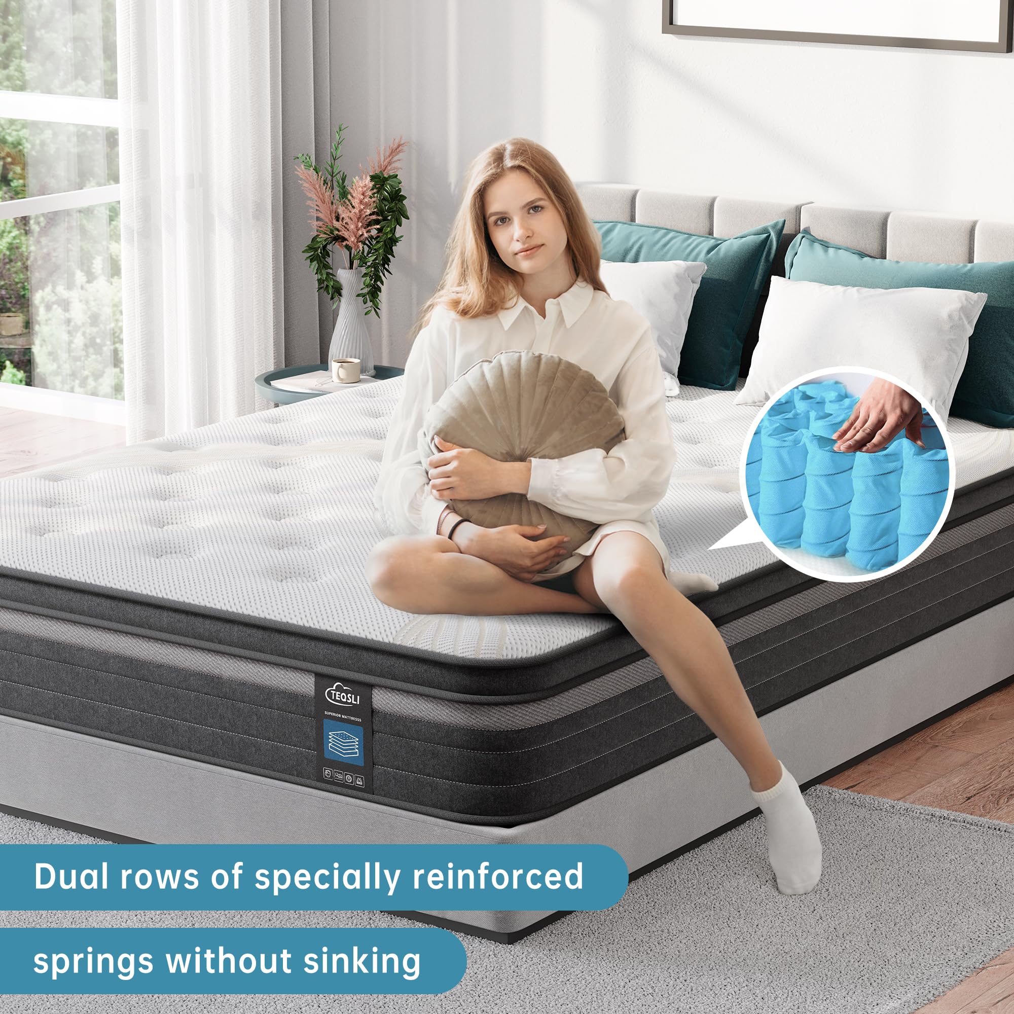 TeQsli Individually Pocket Sprung Double Mattress 4FT6 with Soft Fabric, 10.6 Inch Hybrid Mattress Double for Pressure & Back Pain Relief