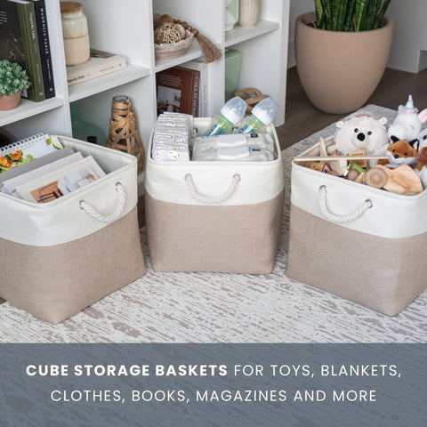 OrganiHaus Fabric Storage Boxes, Set of 4 Foldable 33X33 Cube Organiser Bins with Rope Handles for Shelves, Nursery & Closet
