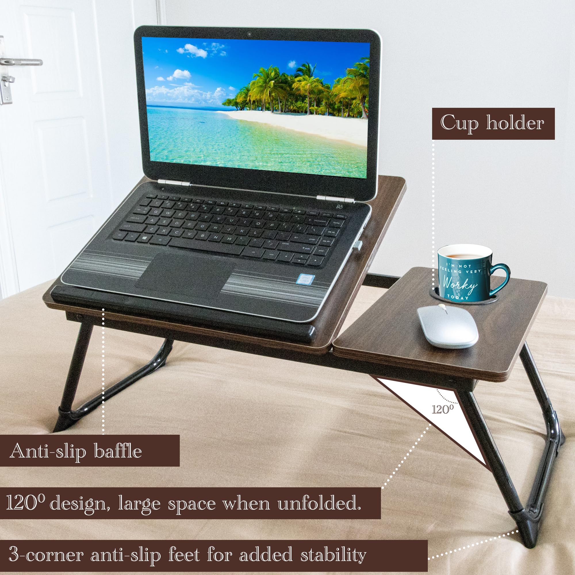 Laptop Desk, Laptop Bed Table with Foldable Legs & Cup Slot, Reading Holder Notebook Stand Breakfast Bed Tray Book Holder for Sofa, Bed, Terrace