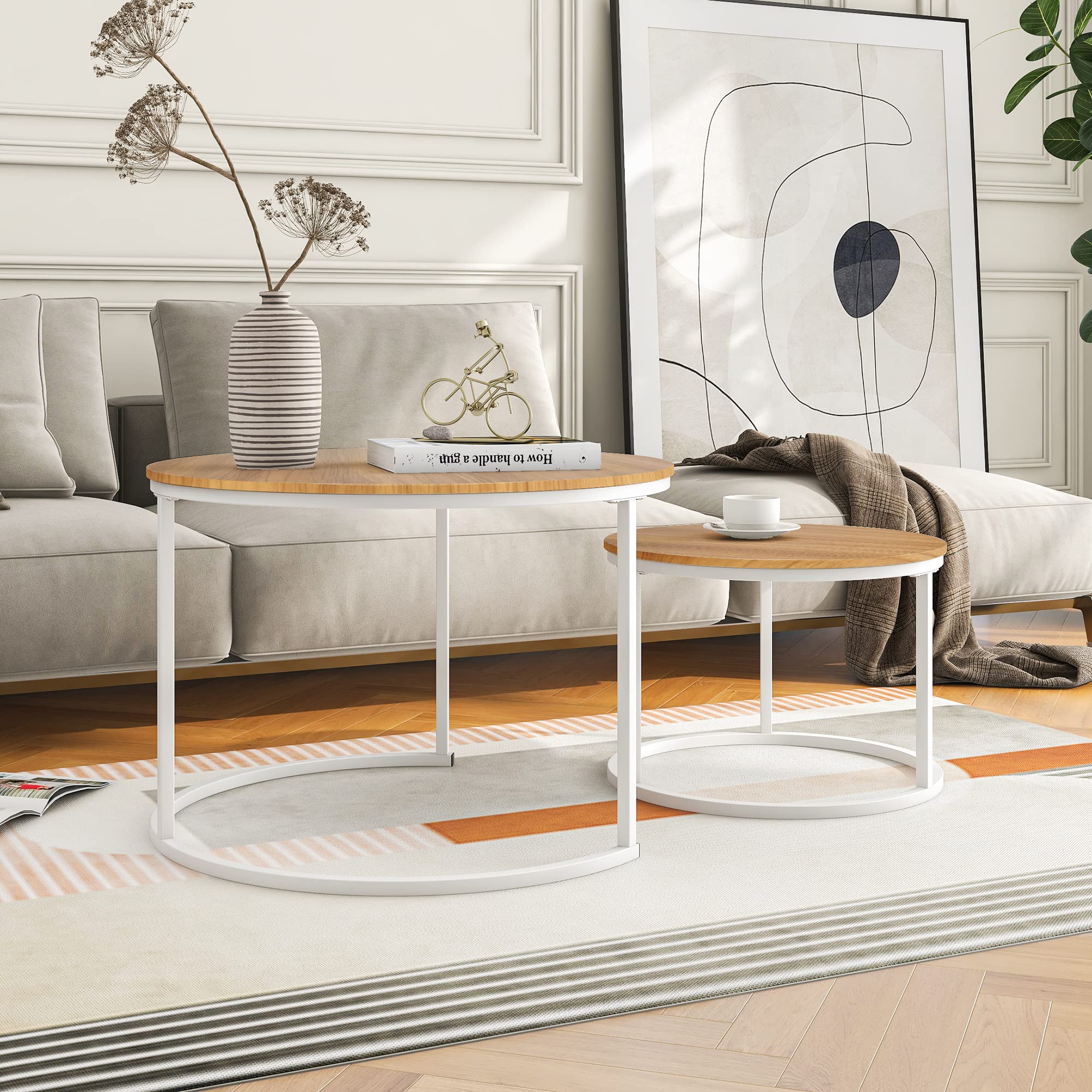BOFENG Round Nesting Coffee Table,Set of 2 End Tables for Living Room/Bedroom/Small Space,Easy Assembly(White+Oakdk, Set of 2)