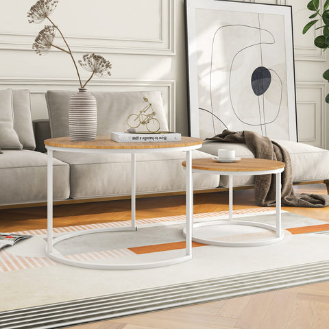BOFENG Round Nesting Coffee Table,Set of 2 End Tables for Living Room/Bedroom/Small Space,Easy Assembly(White+Oakdk, Set of 2)