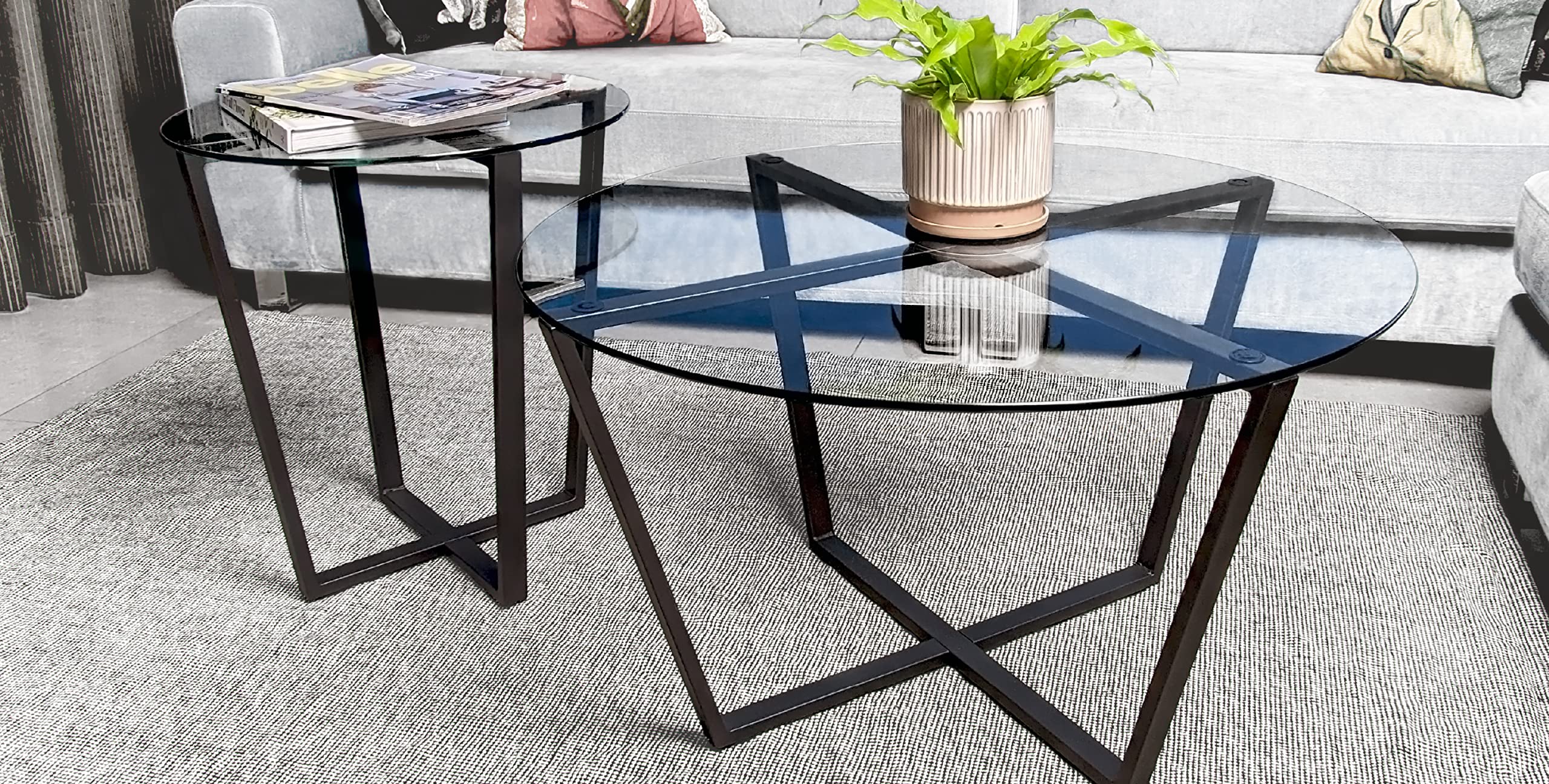 Mango Steam Round Metro Glass Coffee Table/Side Table/for Living Room & Dining Room - Clear Top/Black Base
