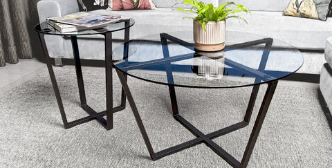 Mango Steam Round Metro Glass Coffee Table/Side Table/for Living Room & Dining Room - Clear Top/Black Base