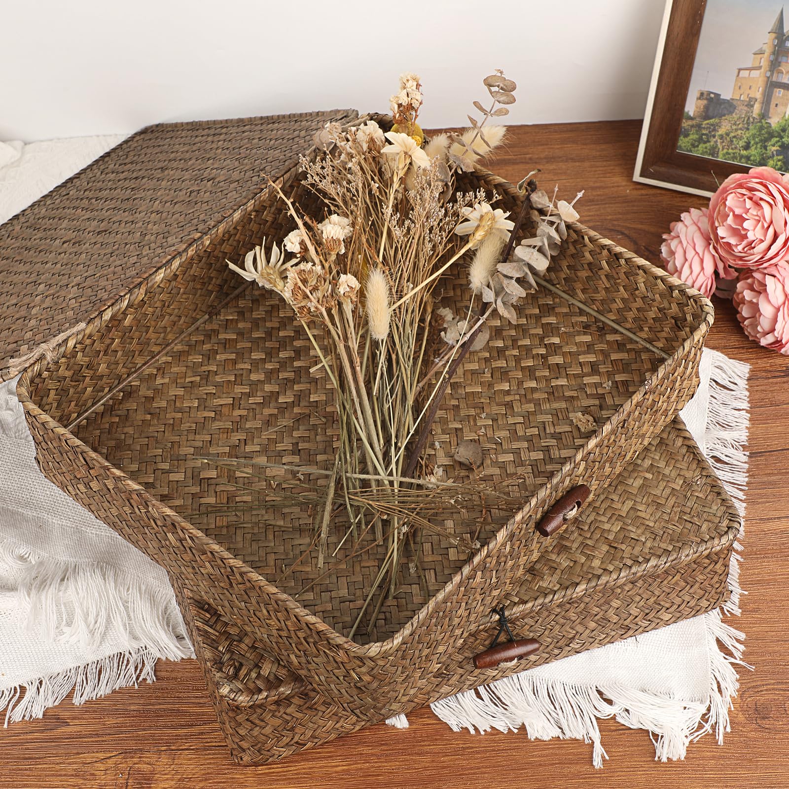 IGNPION Seagrass Storage Basket with Lid, Bathroom Woven Shelves Box Set of 2 Wicker Decorative Baskets, Flat Desk and Shelves Basket Bins