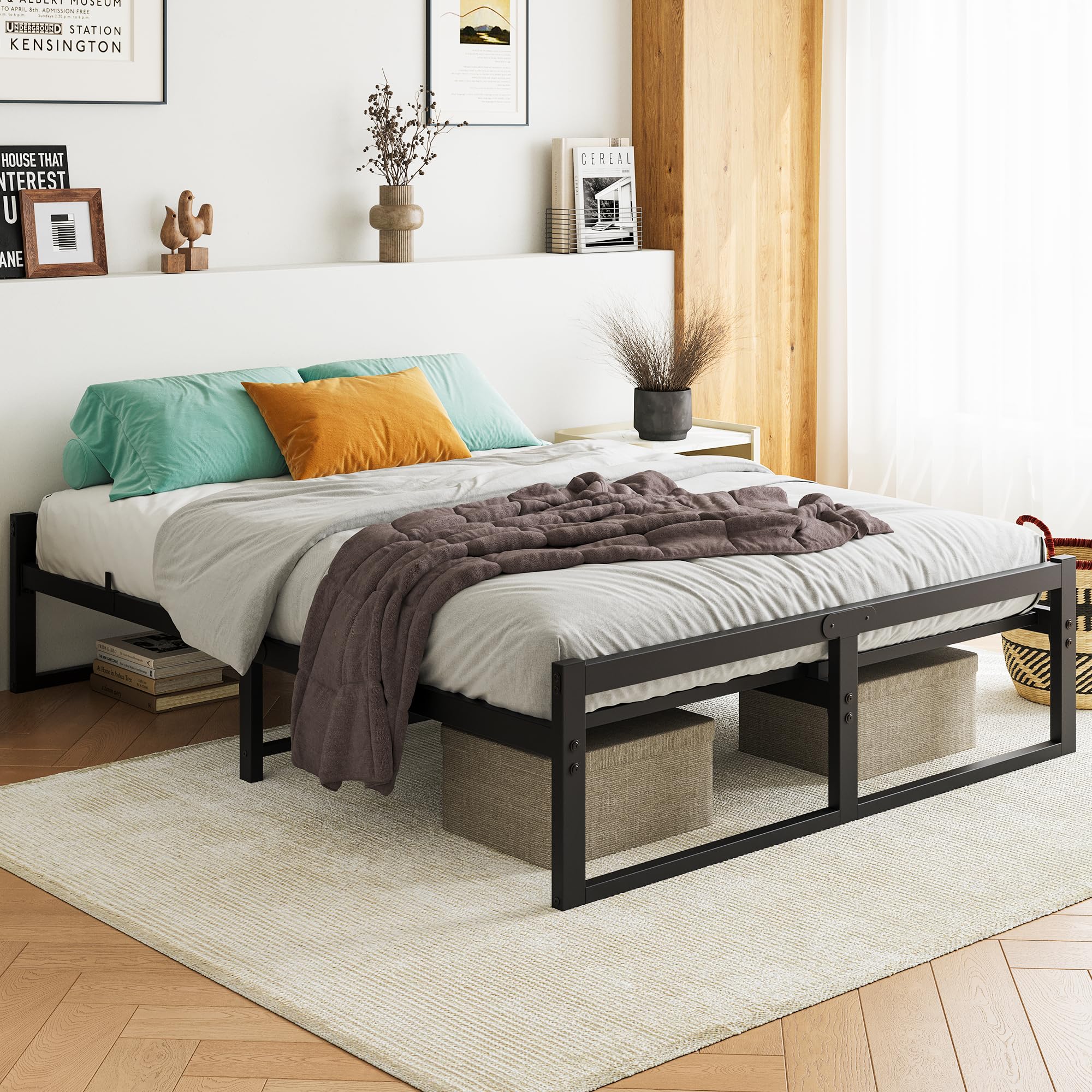 VECOCHO Bed 140 x 200, Bed Frame 140 x 200 cm with Metal Slatted Frame, Black