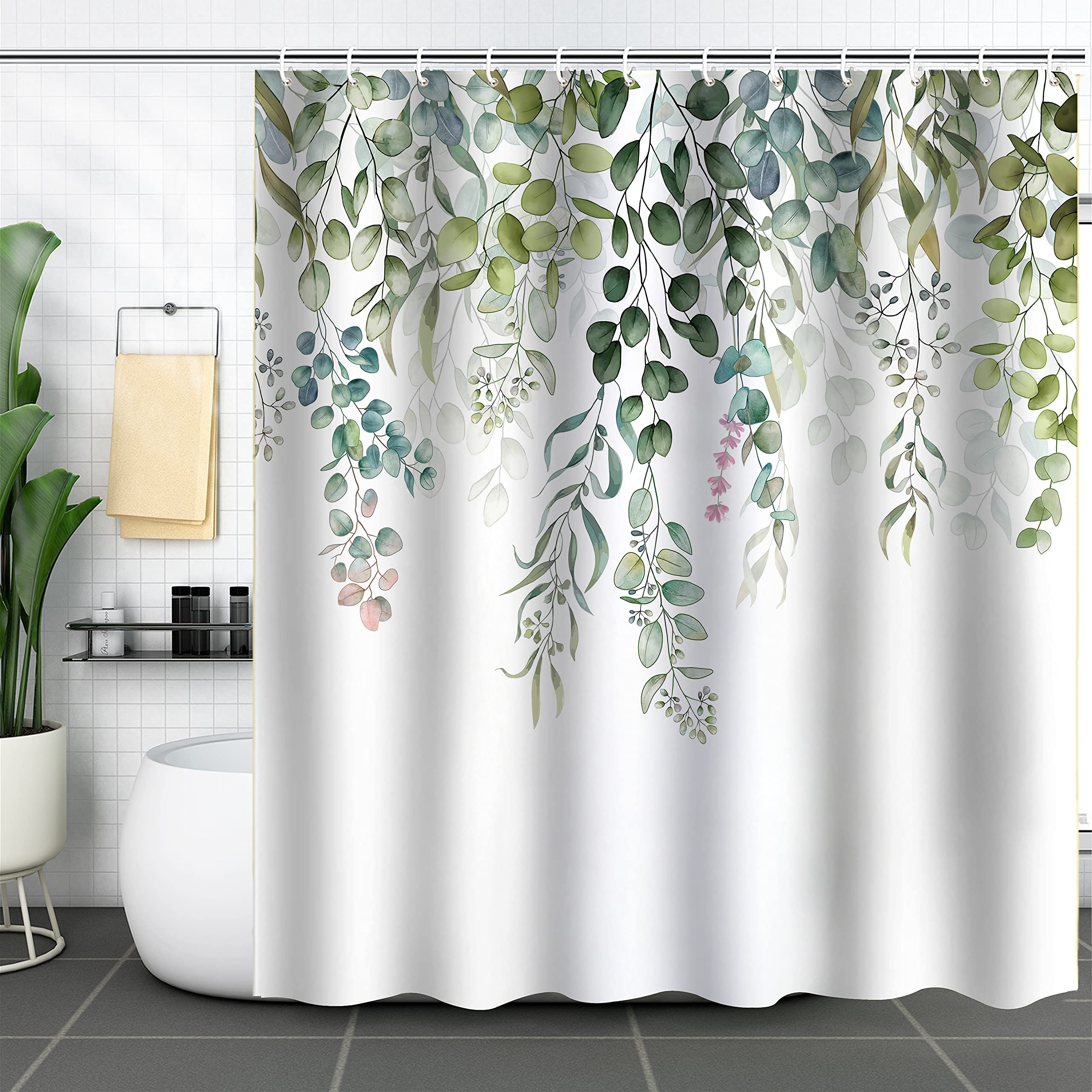 WELTRXE Shower Curtain Mould Proof Mildew Resistant, Bathroom Curtain with 12 Hooks, Waterproof Polyester Fabric Bathtub Curtain, Weighted Hem